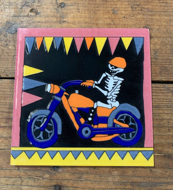 Glazed Ceramic Skeleton Motive Tile "Motorbike Rider" # 4946