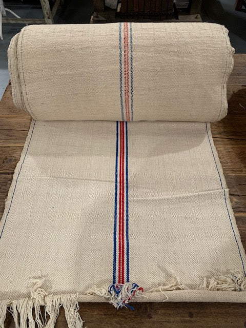 Vintage  Red/Blue    Stipe  Linen/Hemp Grain Sack Material  1940s  #5823  (Read Information About This Item)