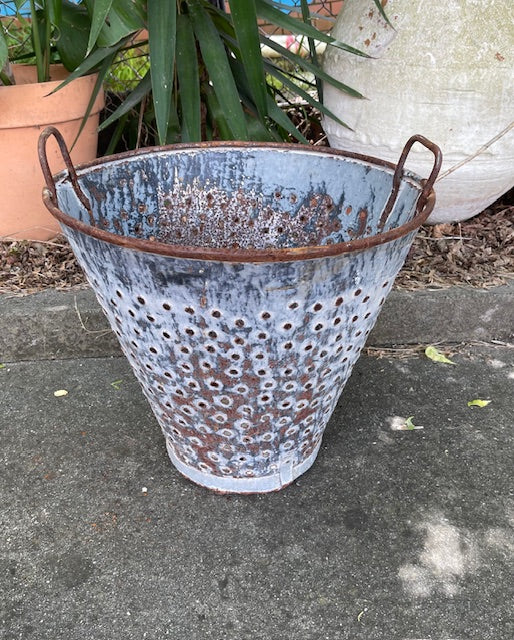 Vintage Turkish Galvanised Round Hole  Olive Picking Bucket  #6403