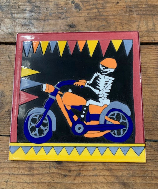 Glazed Ceramic Skeleton Motive Tile "Motorbike Rider" # 4945