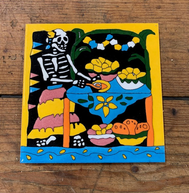 Glazed Ceramic Skeleton Motive Tile "At The Kitchen Table" # 4949