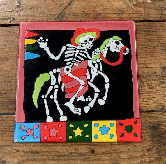 Glazed Ceramic Skeleton Motive Tile "Horseback Riding" # 4953