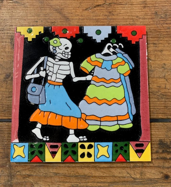 Glazed Ceramic Skeleton Motive Tile "Dress Shopping" # 4957