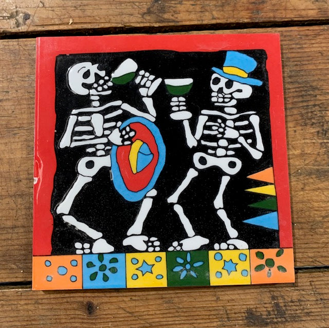 Glazed Ceramic Skeleton Motive Tile "Let's Party" # 4959