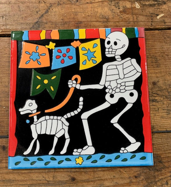 Glazed Ceramic Skeleton Motive Tile "Walking the Dog" # 4961