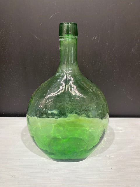 Vintage Flat Green  Demijohn Glass Bottle  #7302