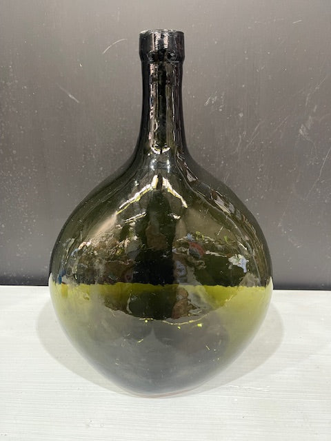Vintage Flat  Dark Green  Demijohn Glass Bottle  #7304