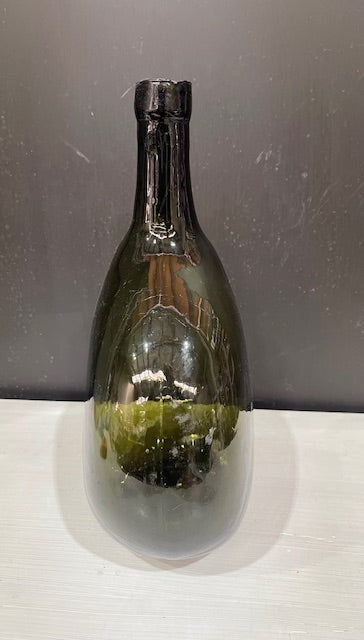 Vintage Flat  Dark Green  Demijohn Glass Bottle  #7304