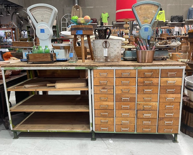 Vintage European Wood / Metal Leg  Workbench #7357