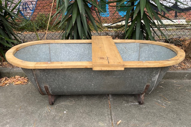 Vintage European Galvanised Tin Bath with  Wooden Trim #6727