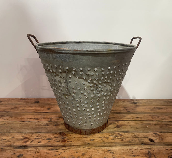 Vintage Turkish Galvanised Round Hole  Olive Picking Bucket  #6871