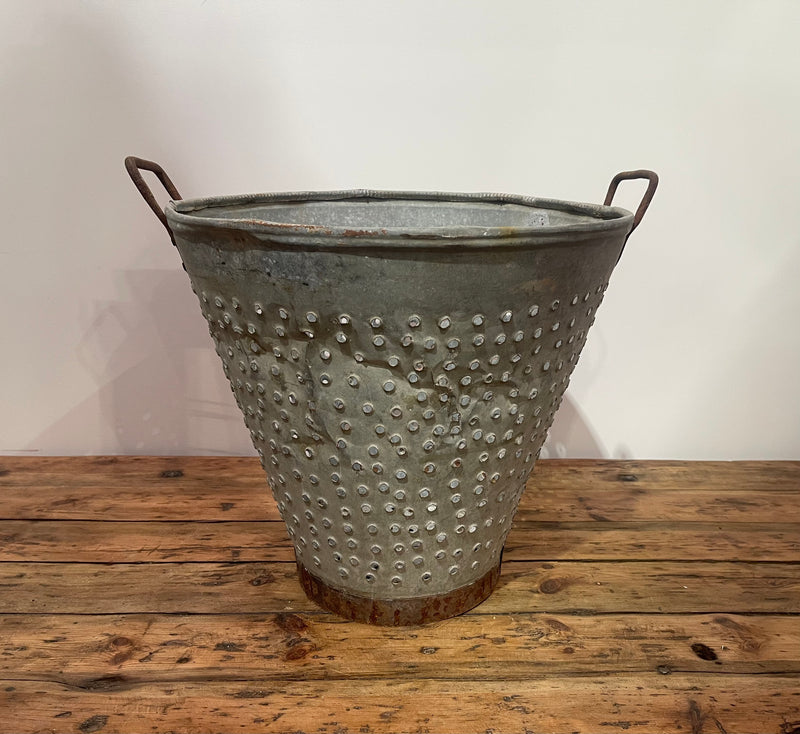 Vintage Turkish Galvanised Round Hole  Olive Picking Bucket  #6871