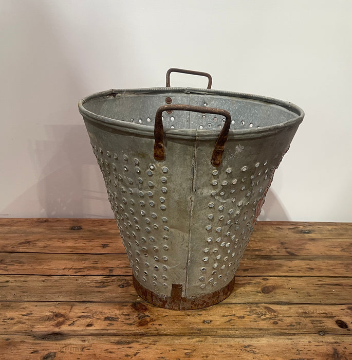 Vintage Turkish Galvanised Round Hole  Olive Picking Bucket  #6871