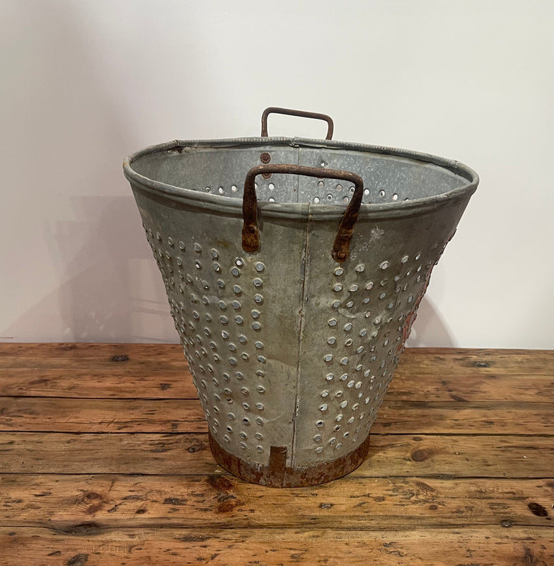 Vintage Turkish Galvanised Round Hole  Olive Picking Bucket  #6871