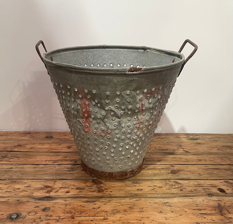 Vintage Turkish Galvanised Round Hole  Olive Picking Bucket  #6871