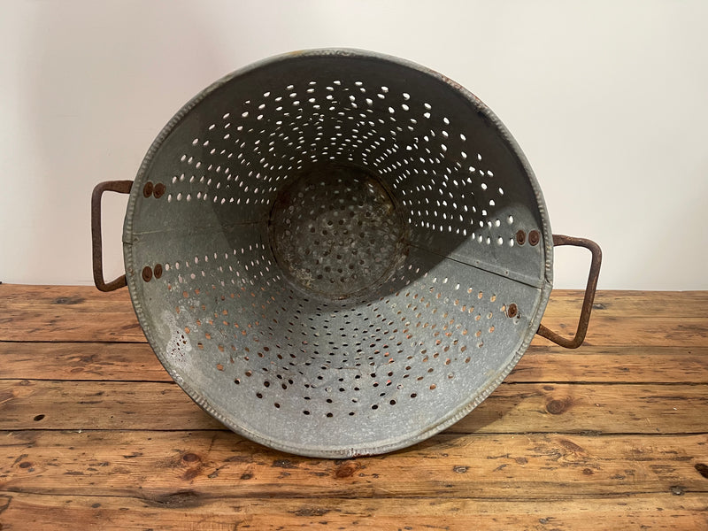 Vintage Turkish Galvanised Round Hole  Olive Picking Bucket  #6871