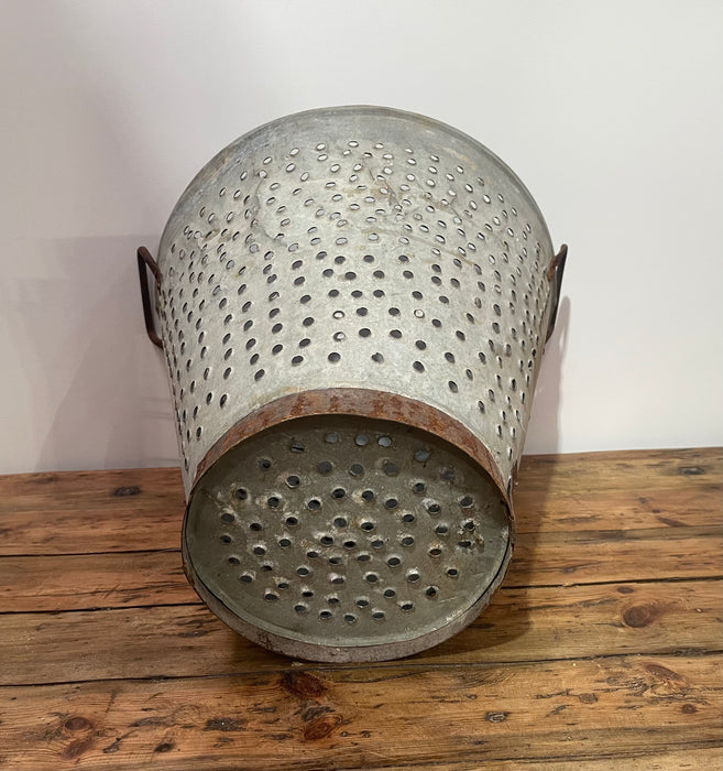 Vintage Turkish Galvanised Round Hole  Olive Picking Bucket  #6871