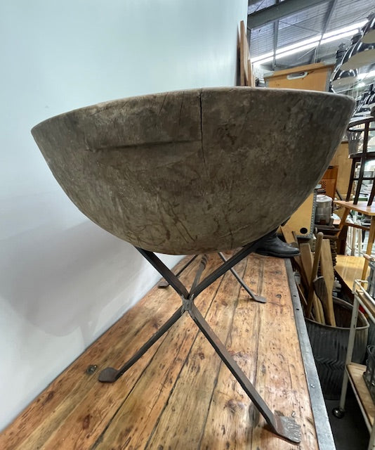 Vintage Wooden  Bowl  on Metal Stand  #6956