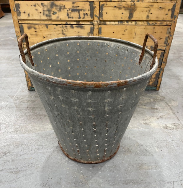 Vintage Turkish Galvanised Round Hole  Olive Picking Bucket  #7024