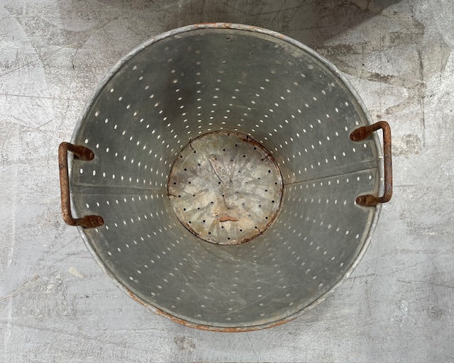 Vintage Turkish Galvanised Round Hole  Olive Picking Bucket  #7024