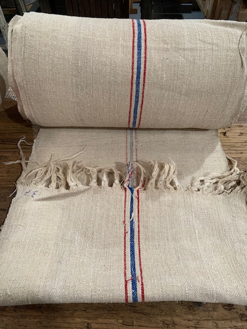 Vintage  Red / Blue  Stipe  Linen/Hemp Grain Sack Material  1940s  #5825  (Read Information About This Item)