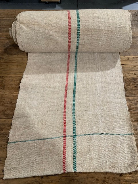 Vintage  Red / Green  Stipe  Linen/Hemp Grain Sack Material  1940s  #5826  (Read Information About This Item)