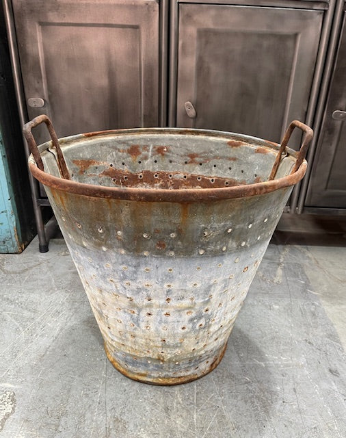 Vintage Turkish Galvanised Round Hole  Olive Picking Bucket  #7210