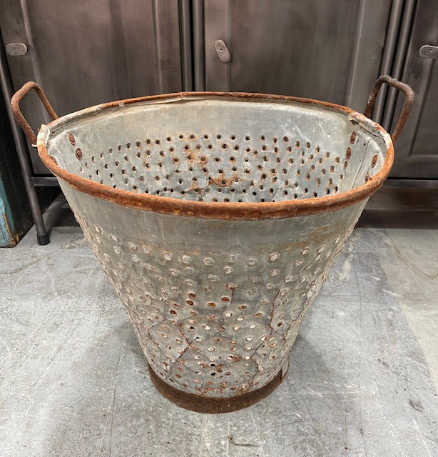 Vintage Turkish Galvanised Round Hole  Olive Picking Bucket  #7211