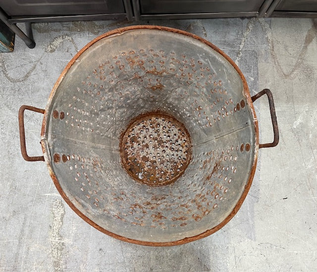 Vintage Turkish Galvanised Round Hole  Olive Picking Bucket  #7211