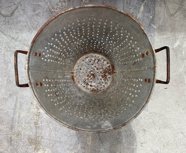 Vintage Turkish Galvanised Round Hole  Olive Picking Bucket  #7212
