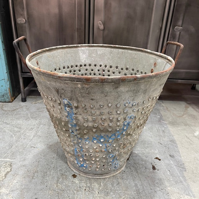 Vintage Turkish Galvanised Round Hole  Olive Picking Bucket  #7212