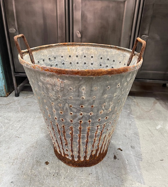 Vintage Turkish Galvanised Round Hole  Olive Picking Bucket  #7213