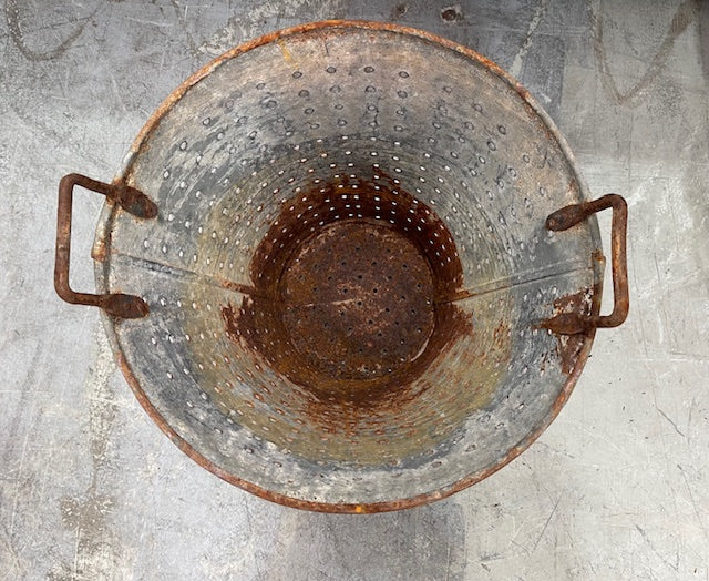 Vintage Turkish Galvanised Round Hole  Olive Picking Bucket  #7213