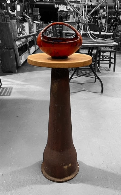 Vintage Cast Iron Water Pump Base Wooden Top Side Table #6723