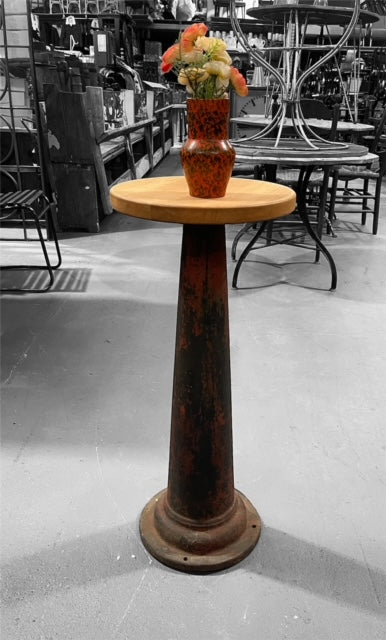 Vintage Cast Iron Water Pump Base Wooden Top Side Table #6722