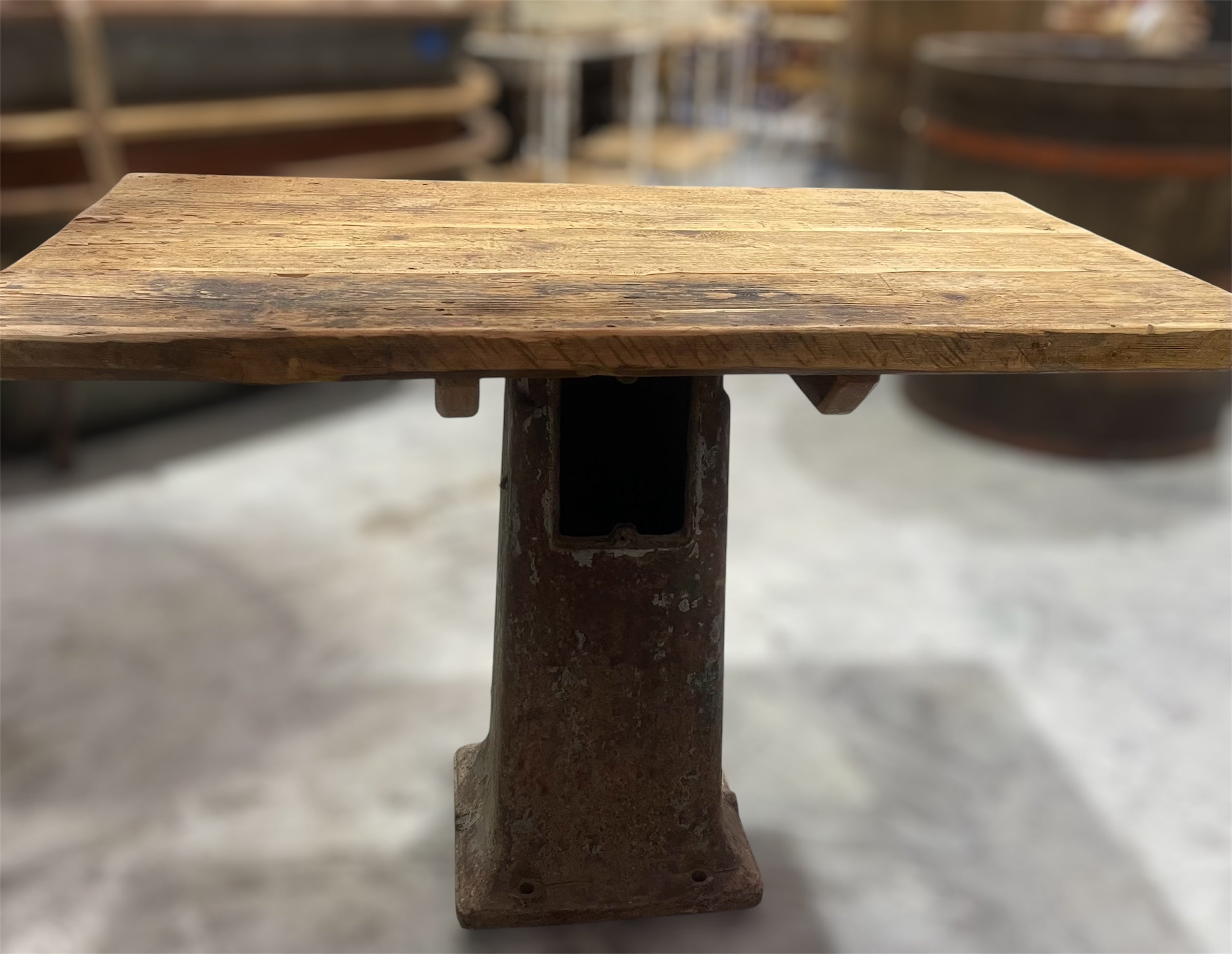 Vintage Cast Iron Base Wooden Top Side Table #6792