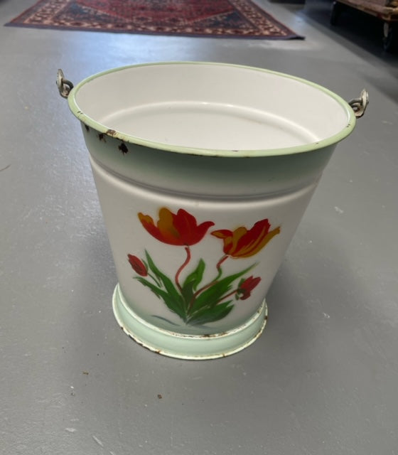Vintage Hungarian Painted   Enamel Water Bucket  #6215  Byron
