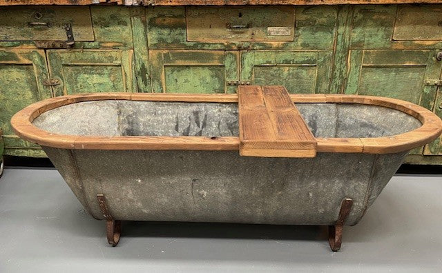 Vintage European Galvanised Tin Bath with  Wooden Trim #6783  Byron