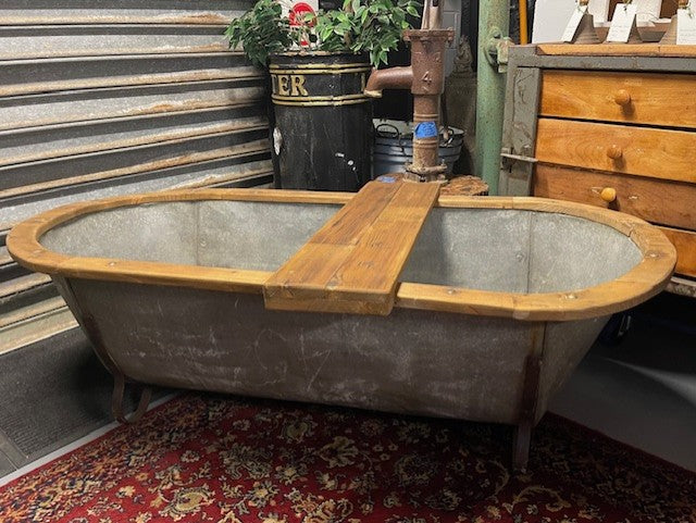 Vintage European Galvanised Tin Bath with  Wooden Trim #6782  Byron