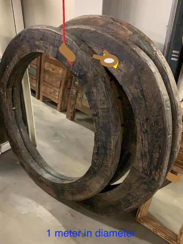 Vintage European 1920s wooden wagon wheel mirror #2713 BYRON