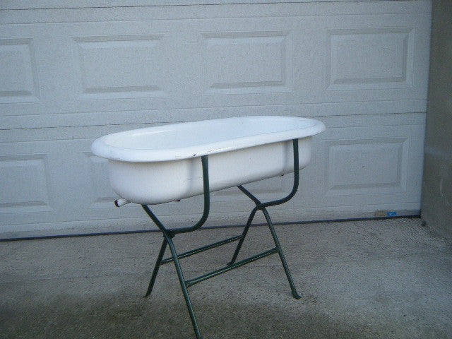 Vintage  Enamel Baby Bath and Stand #1357 Byron