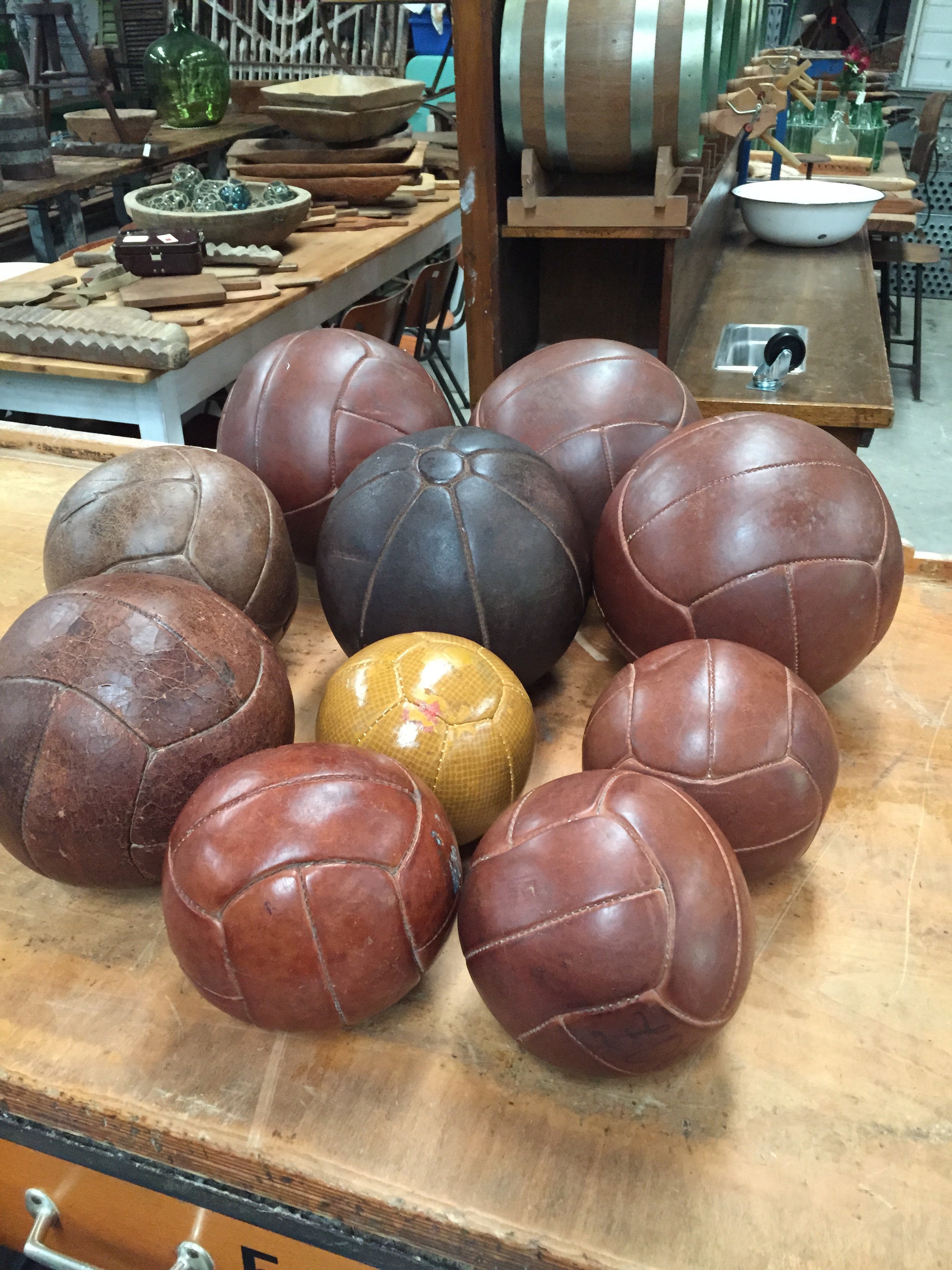 Vintage industrial French 1940s leather medicine balls #1608