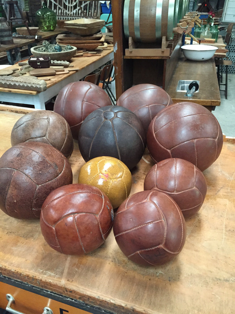 Vintage industrial French 1940s leather medicine balls #1608