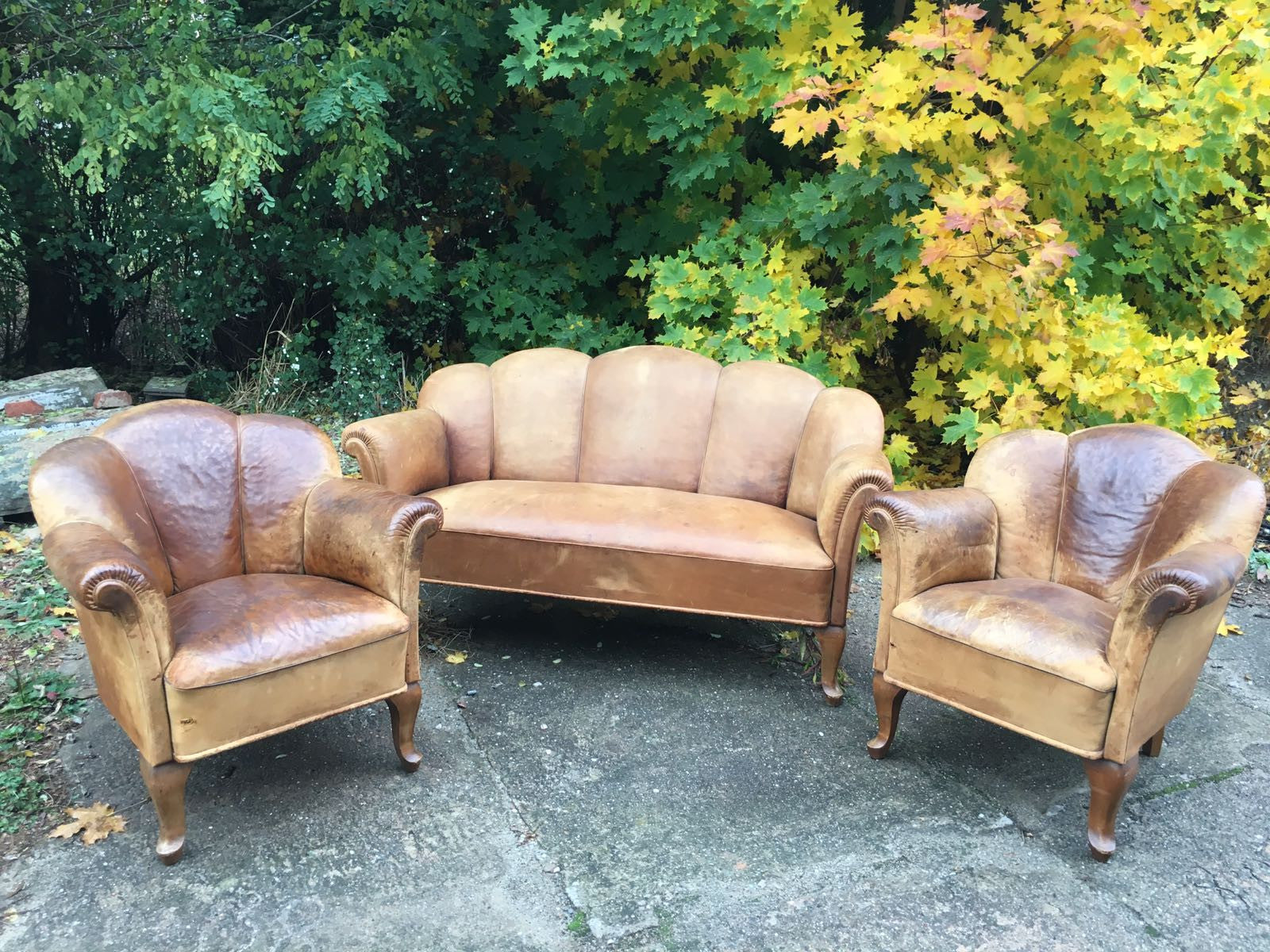 Vintage industrial French 1940s leather lounge set #1601