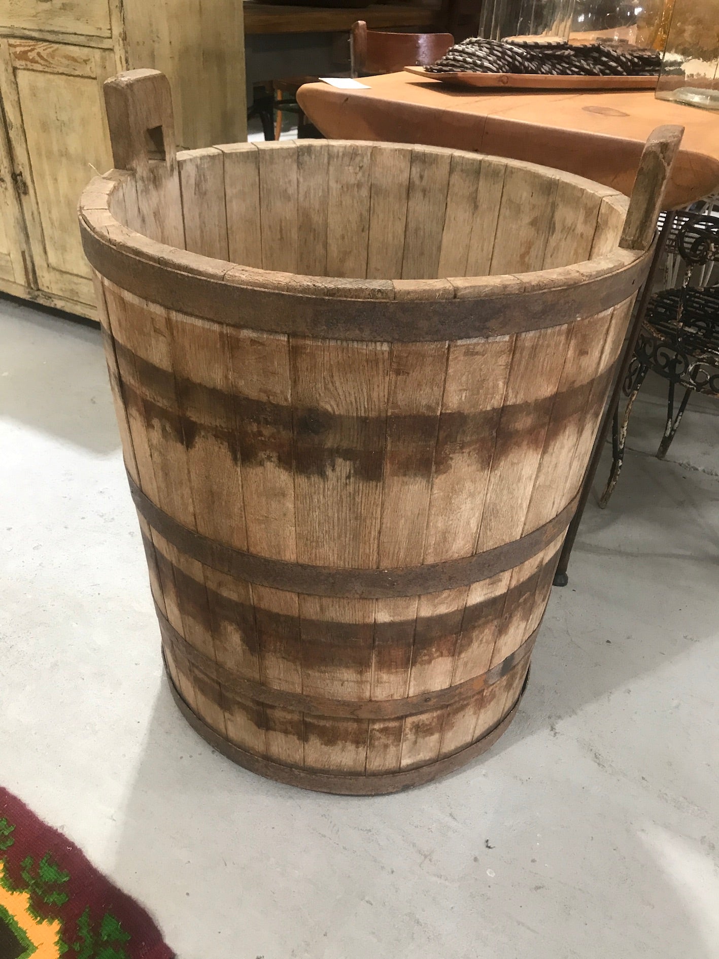 Vintage industrial French oak  round wine barrel with handles #1690