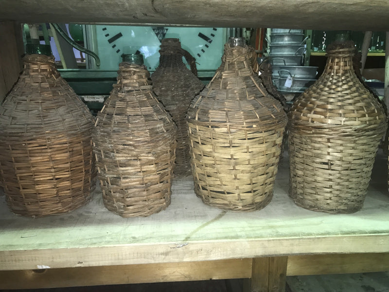 Vintage industrial European wicker wine demijohn bottles  #1701