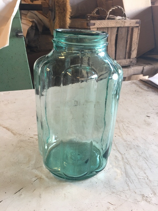 Vintage industrial Romanian ridged glass jar  #1718 DG