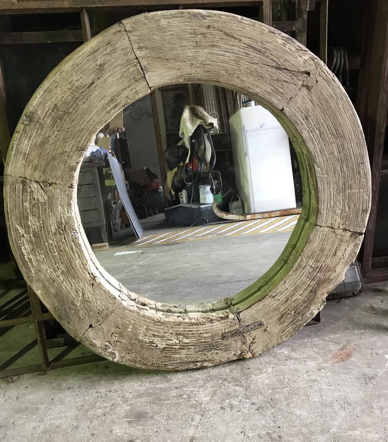 Vintage European 1940s wooden wagon wheel mirror #1820