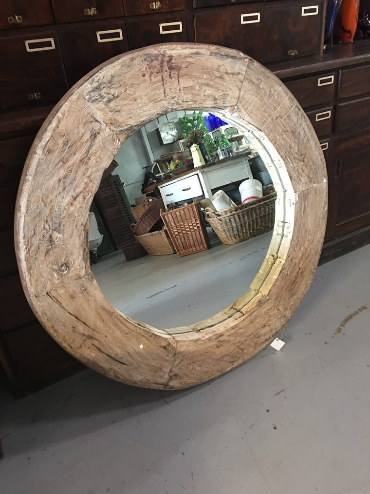 Vintage European 1940s wooden wagon wheel mirror #1823 Byron