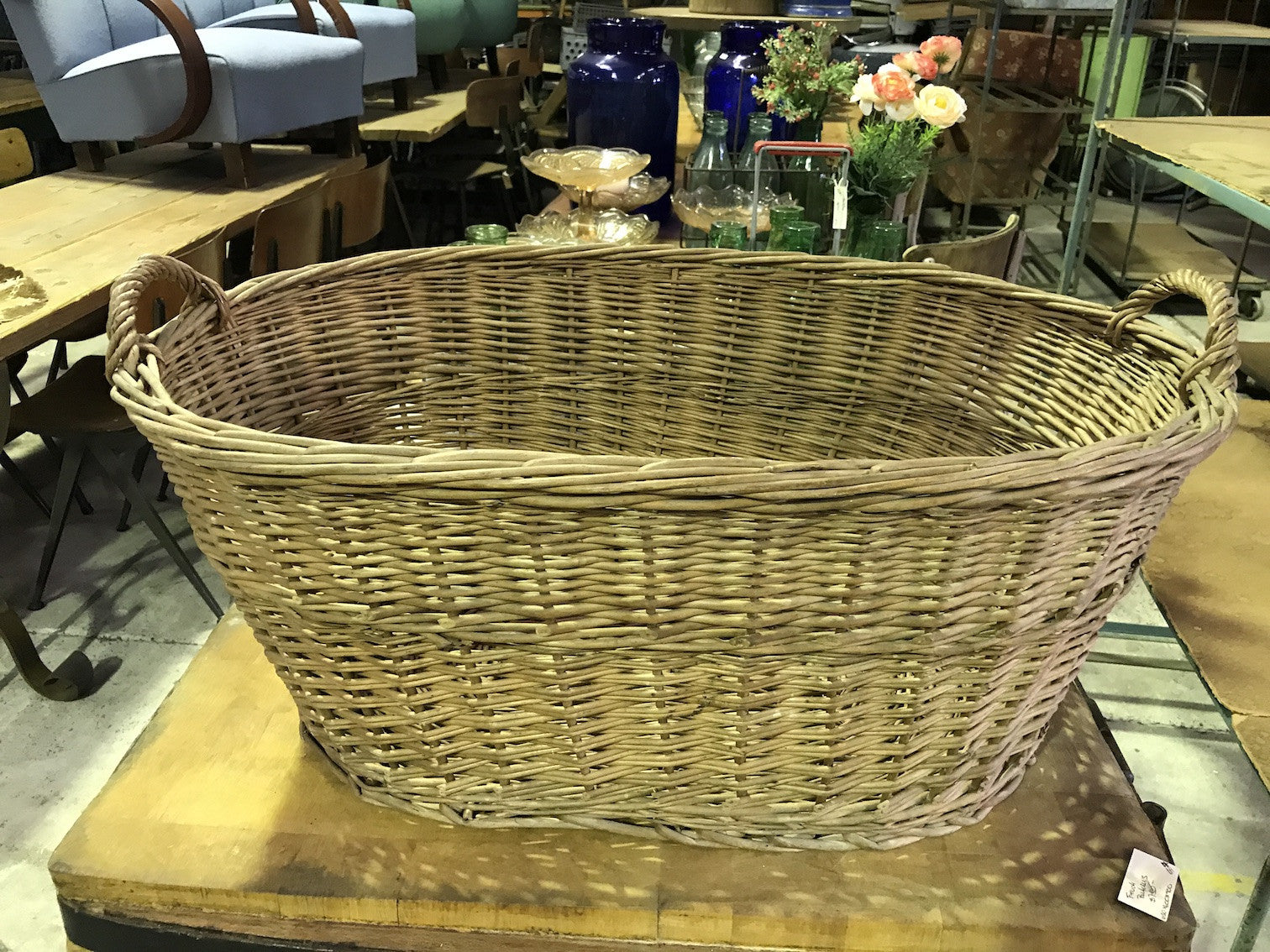Vintage industrial French cane willow bakers basket  #1846